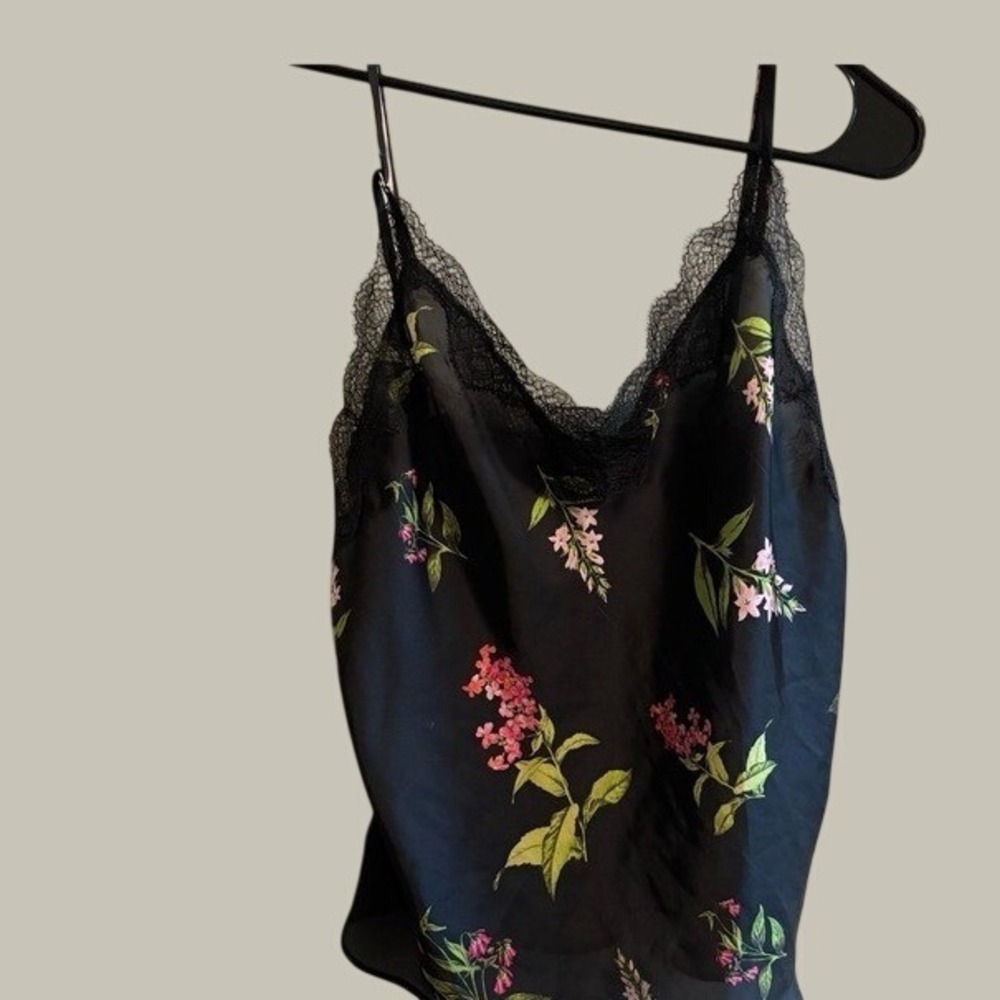 Black floral lace trim camisole top M